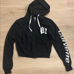 Black Zip-Up Hoodie with White Lettering